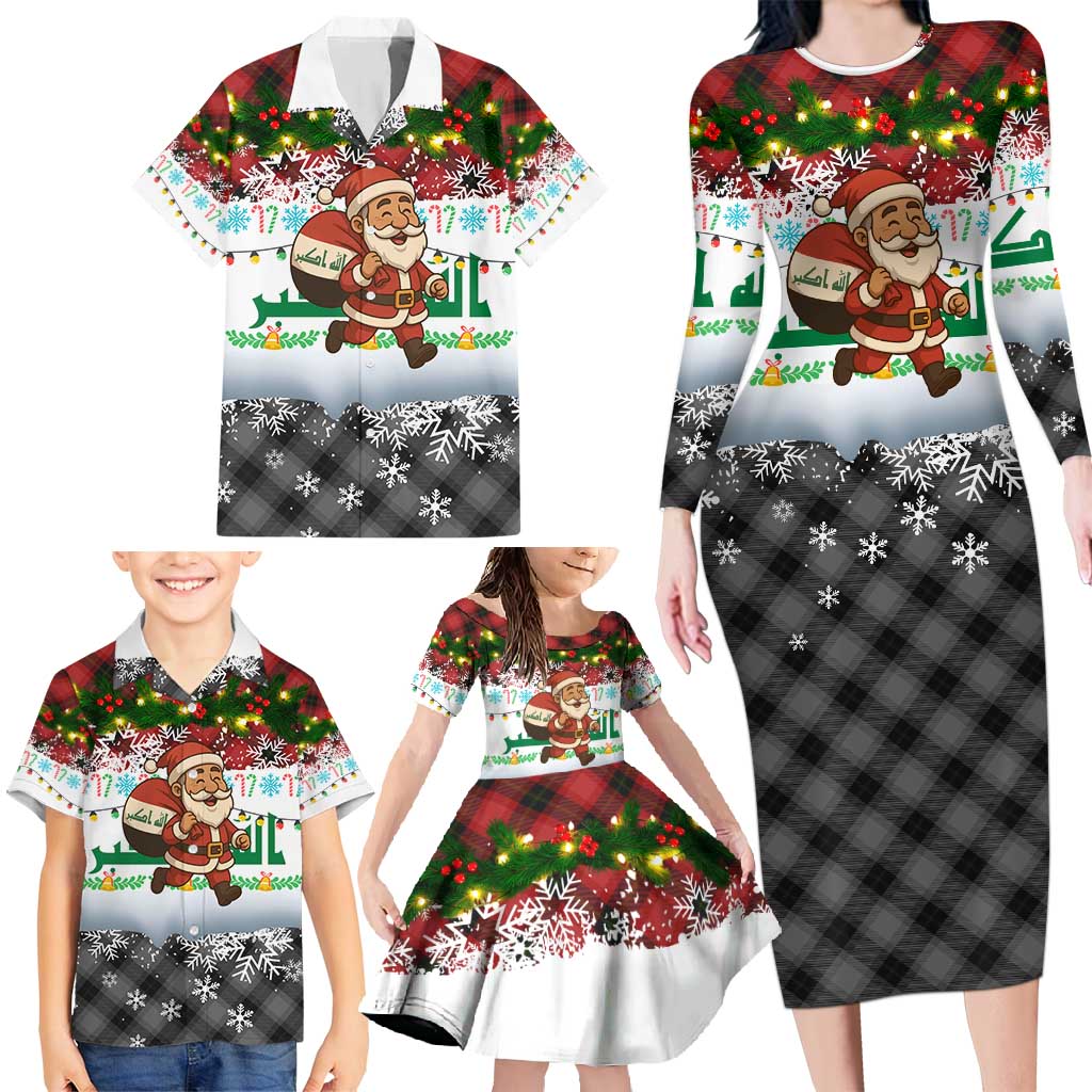 Iraq Christmas Family Matching Long Sleeve Bodycon Dress and Hawaiian Shirt with Santa Carrying Gift Bag Flag Garland and Snowflake Plaid Pattern - Wonder Print Shop