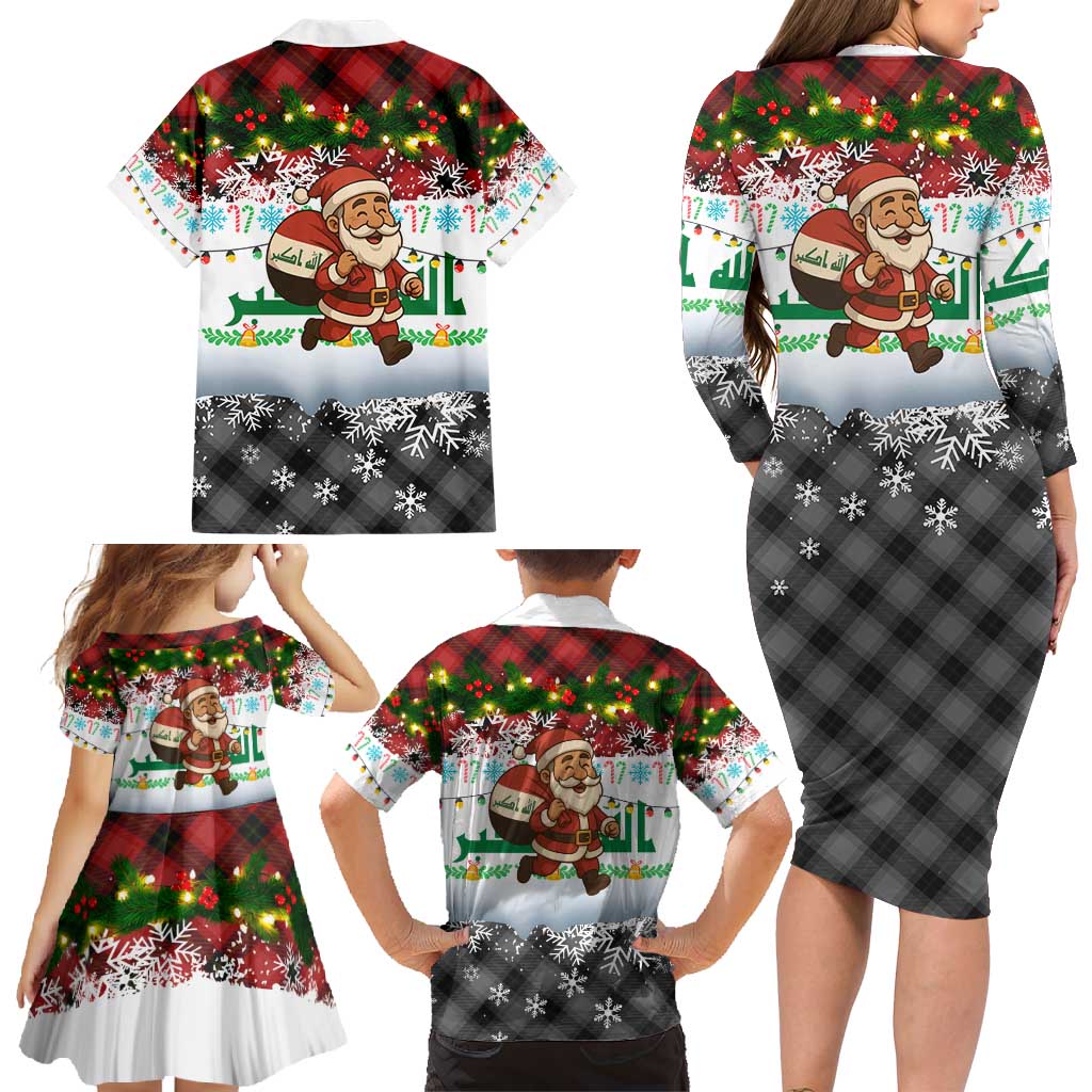 Iraq Christmas Family Matching Long Sleeve Bodycon Dress and Hawaiian Shirt with Santa Carrying Gift Bag Flag Garland and Snowflake Plaid Pattern - Wonder Print Shop