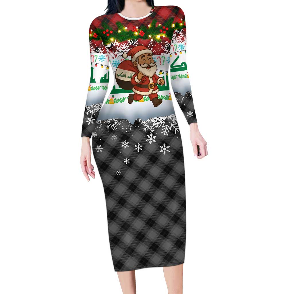 Iraq Christmas Family Matching Long Sleeve Bodycon Dress and Hawaiian Shirt with Santa Carrying Gift Bag Flag Garland and Snowflake Plaid Pattern - Wonder Print Shop