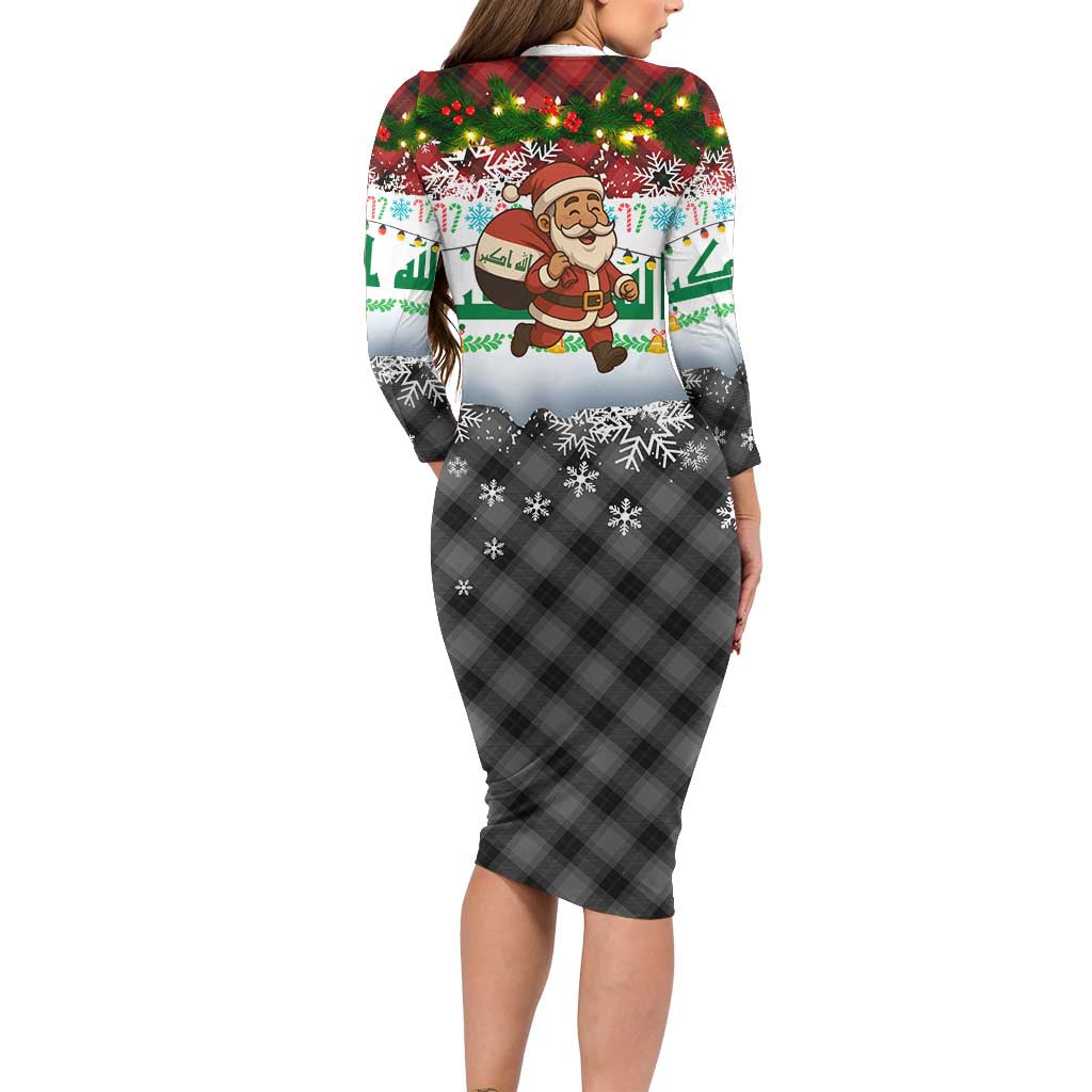 Iraq Christmas Family Matching Long Sleeve Bodycon Dress and Hawaiian Shirt with Santa Carrying Gift Bag Flag Garland and Snowflake Plaid Pattern - Wonder Print Shop