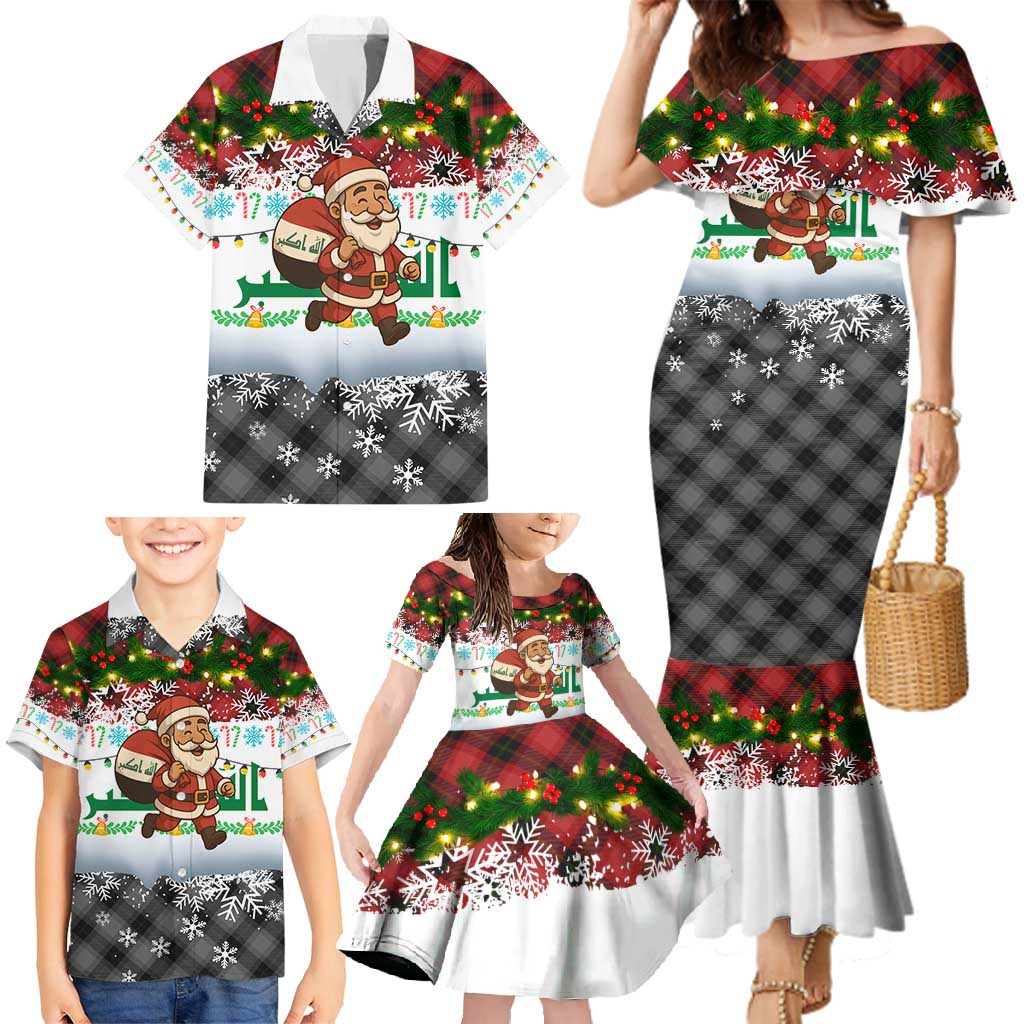 Iraq Christmas Family Matching Mermaid Dress and Hawaiian Shirt with Santa Carrying Gift Bag Flag Garland and Snowflake Plaid Pattern - Wonder Print Shop