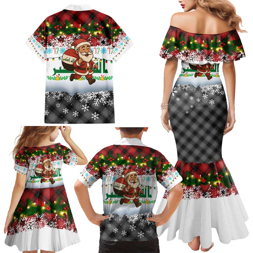 Iraq Christmas Family Matching Mermaid Dress and Hawaiian Shirt with Santa Carrying Gift Bag Flag Garland and Snowflake Plaid Pattern - Wonder Print Shop