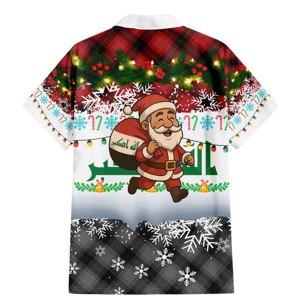 Iraq Christmas Family Matching Mermaid Dress and Hawaiian Shirt with Santa Carrying Gift Bag Flag Garland and Snowflake Plaid Pattern - Wonder Print Shop