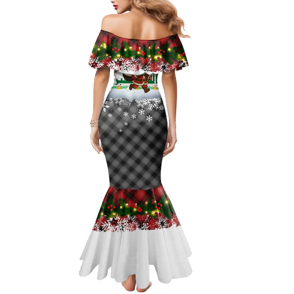 Iraq Christmas Family Matching Mermaid Dress and Hawaiian Shirt with Santa Carrying Gift Bag Flag Garland and Snowflake Plaid Pattern - Wonder Print Shop