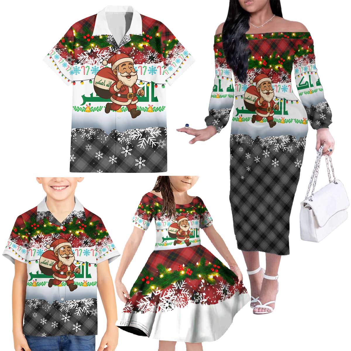 Iraq Christmas Family Matching Off The Shoulder Long Sleeve Dress and Hawaiian Shirt with Santa Carrying Gift Bag Flag Garland and Snowflake Plaid Pattern - Wonder Print Shop