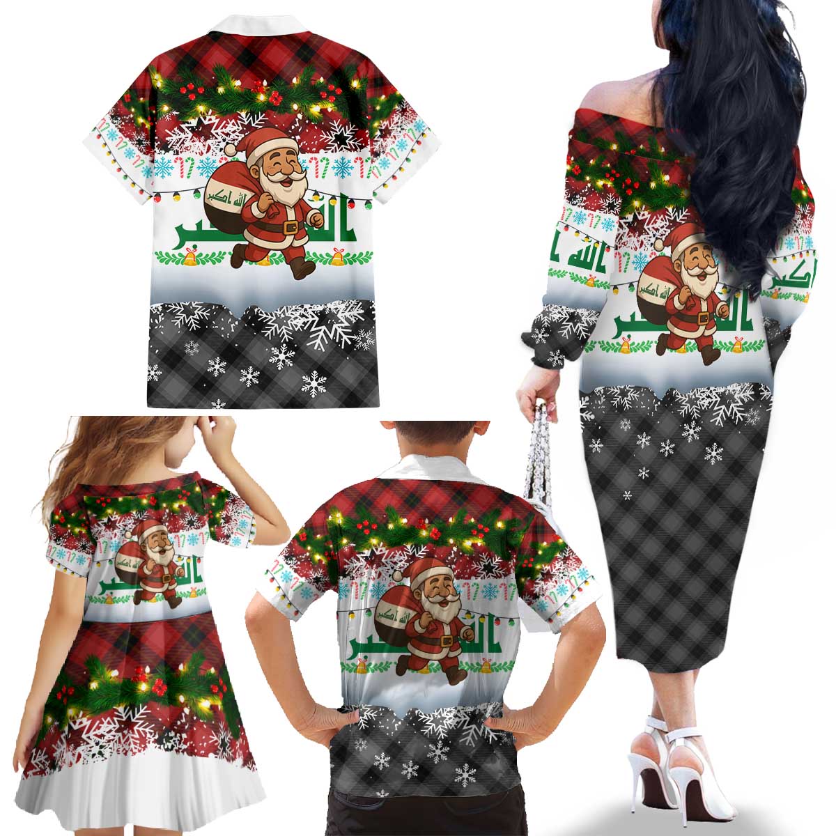 Iraq Christmas Family Matching Off The Shoulder Long Sleeve Dress and Hawaiian Shirt with Santa Carrying Gift Bag Flag Garland and Snowflake Plaid Pattern - Wonder Print Shop