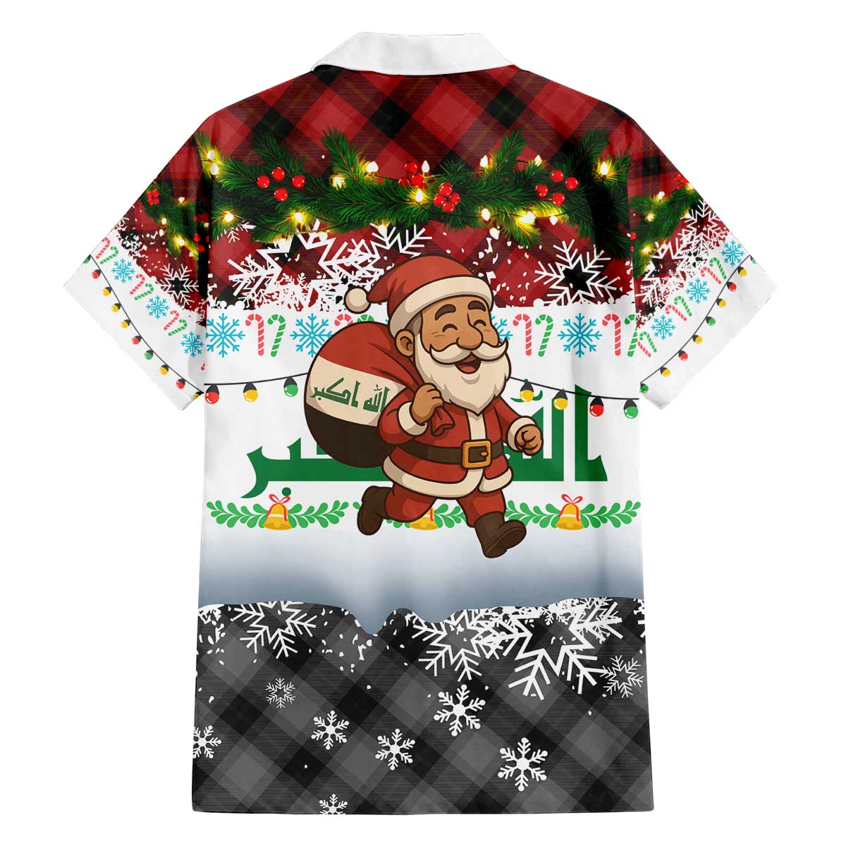 Iraq Christmas Family Matching Off The Shoulder Long Sleeve Dress and Hawaiian Shirt with Santa Carrying Gift Bag Flag Garland and Snowflake Plaid Pattern - Wonder Print Shop