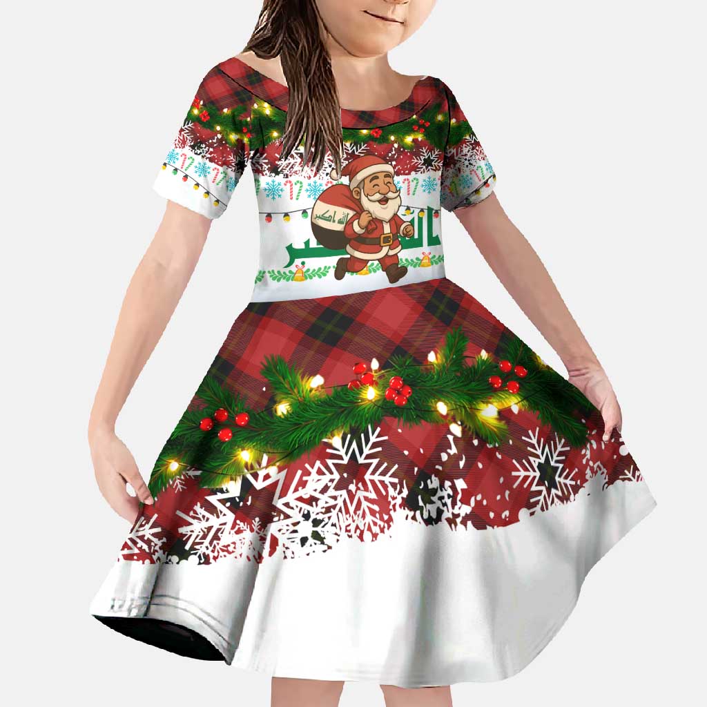 Iraq Christmas Family Matching Off Shoulder Maxi Dress and Hawaiian Shirt with Santa Carrying Gift Bag Flag Garland and Snowflake Plaid Pattern - Wonder Print Shop