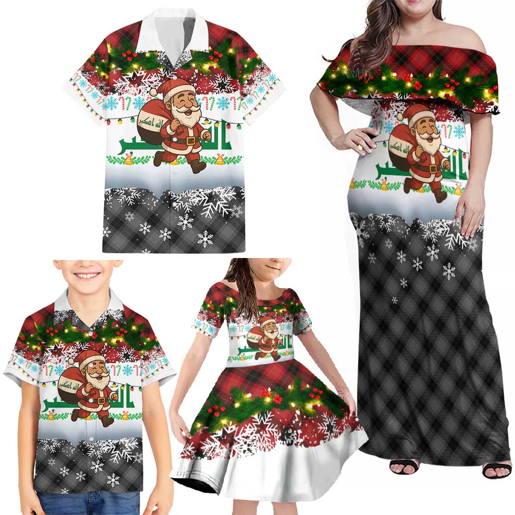 Iraq Christmas Family Matching Off Shoulder Maxi Dress and Hawaiian Shirt with Santa Carrying Gift Bag Flag Garland and Snowflake Plaid Pattern - Wonder Print Shop