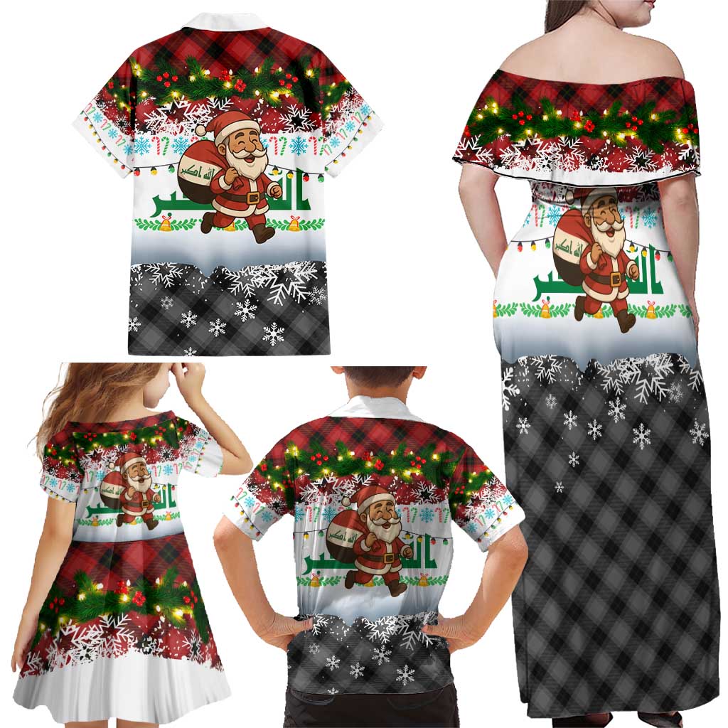 Iraq Christmas Family Matching Off Shoulder Maxi Dress and Hawaiian Shirt with Santa Carrying Gift Bag Flag Garland and Snowflake Plaid Pattern - Wonder Print Shop