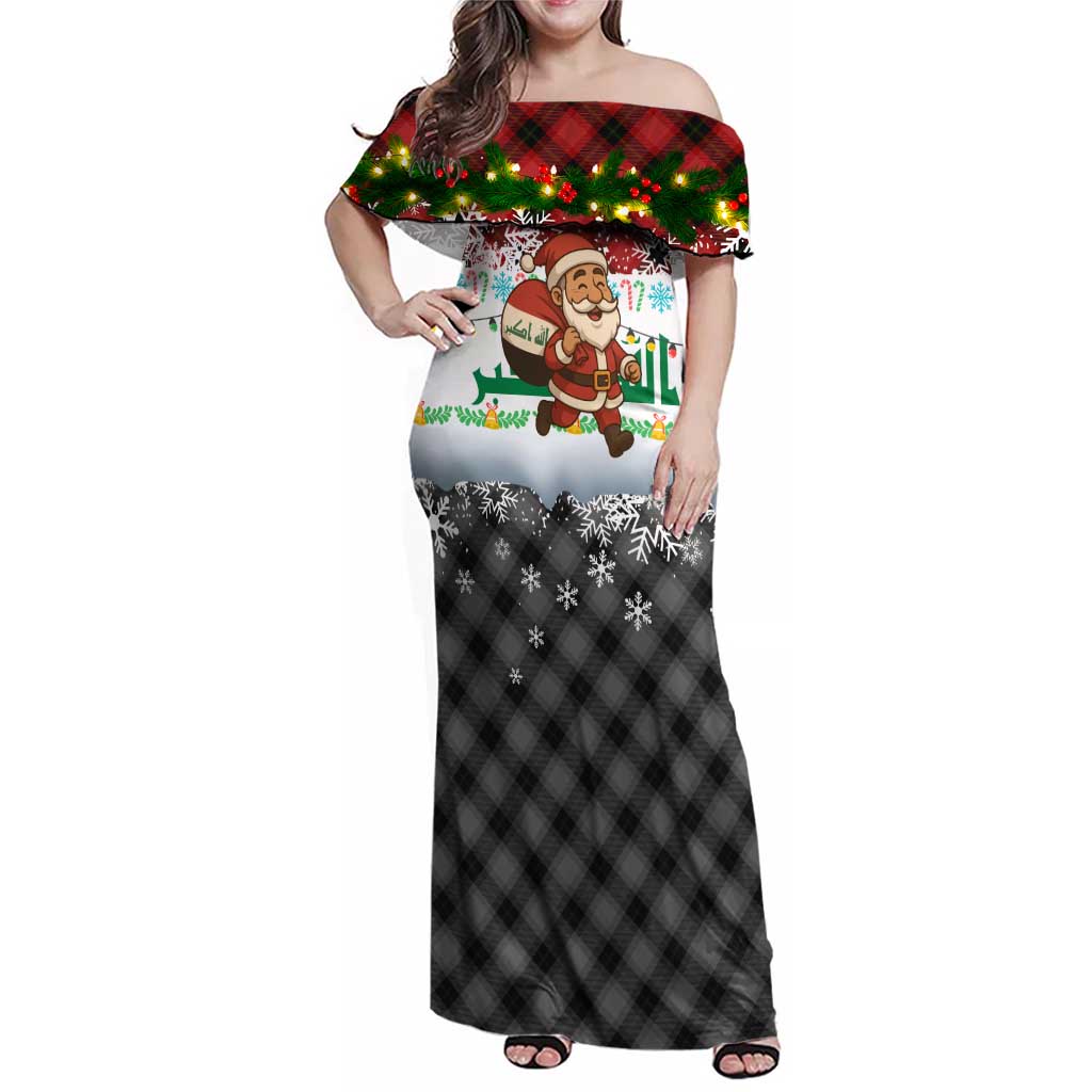 Iraq Christmas Family Matching Off Shoulder Maxi Dress and Hawaiian Shirt with Santa Carrying Gift Bag Flag Garland and Snowflake Plaid Pattern - Wonder Print Shop