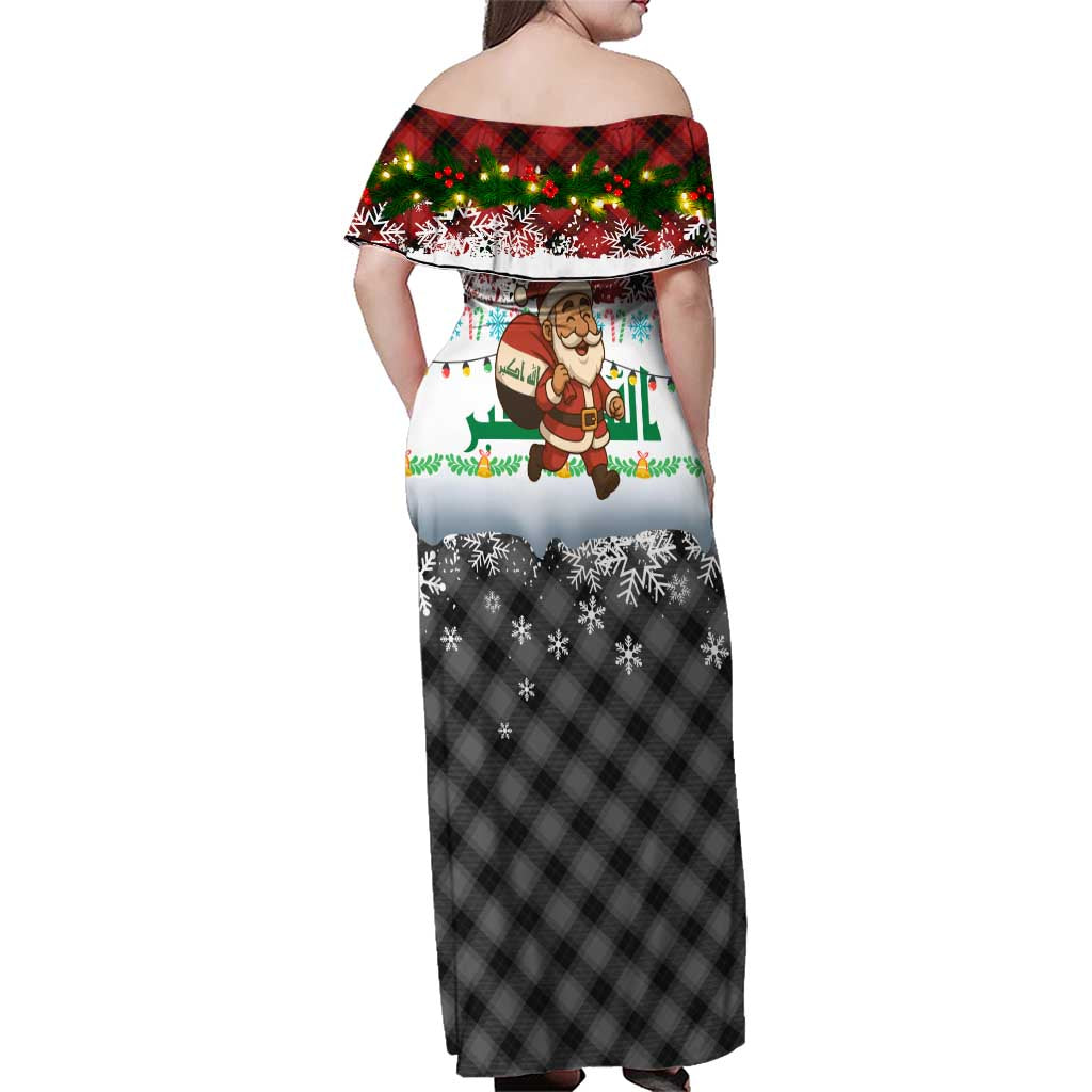 Iraq Christmas Family Matching Off Shoulder Maxi Dress and Hawaiian Shirt with Santa Carrying Gift Bag Flag Garland and Snowflake Plaid Pattern - Wonder Print Shop