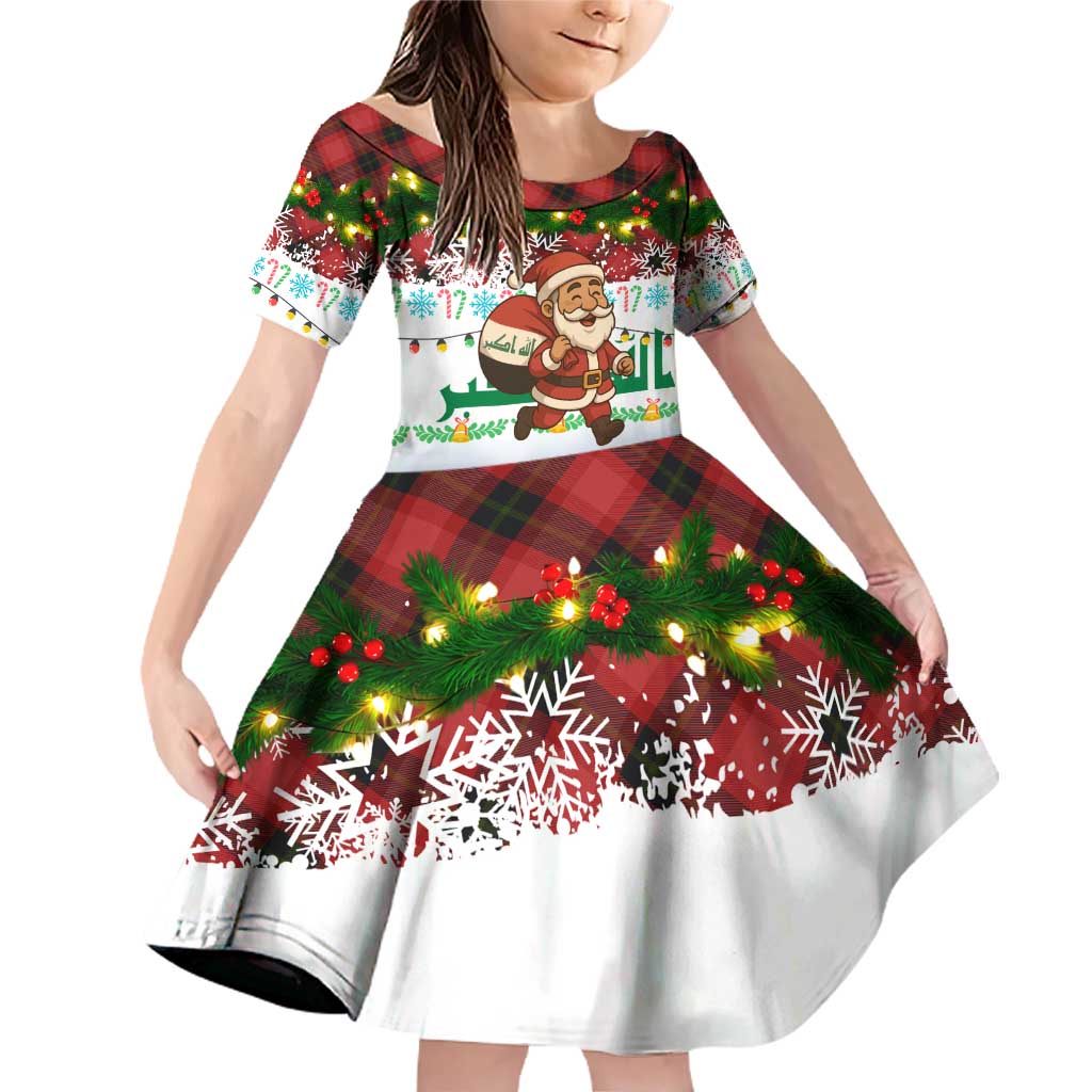 Iraq Christmas Family Matching Off Shoulder Short Dress and Hawaiian Shirt with Santa Carrying Gift Bag Flag Garland and Snowflake Plaid Pattern - Wonder Print Shop