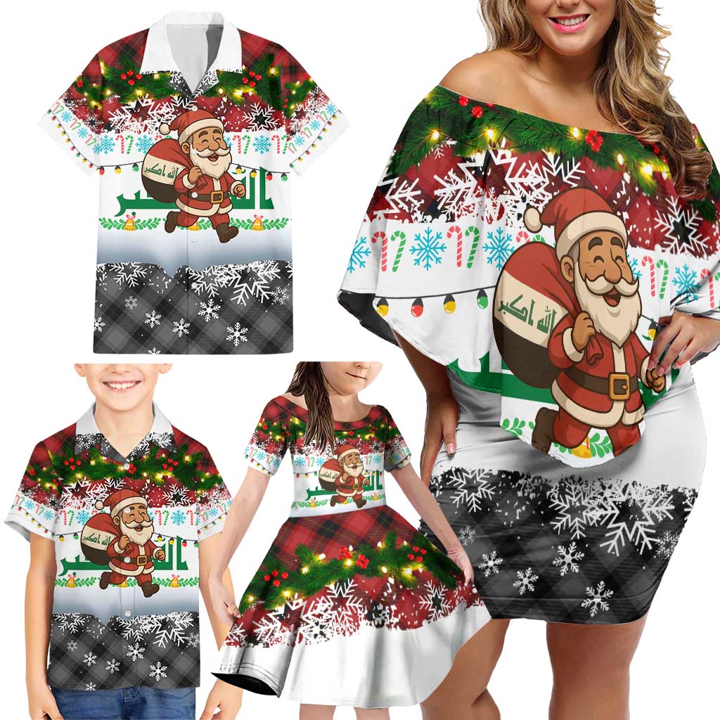Iraq Christmas Family Matching Off Shoulder Short Dress and Hawaiian Shirt with Santa Carrying Gift Bag Flag Garland and Snowflake Plaid Pattern - Wonder Print Shop