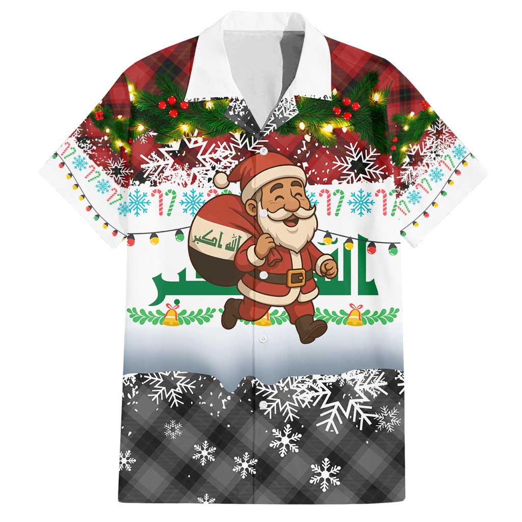Iraq Christmas Family Matching Off Shoulder Short Dress and Hawaiian Shirt with Santa Carrying Gift Bag Flag Garland and Snowflake Plaid Pattern - Wonder Print Shop