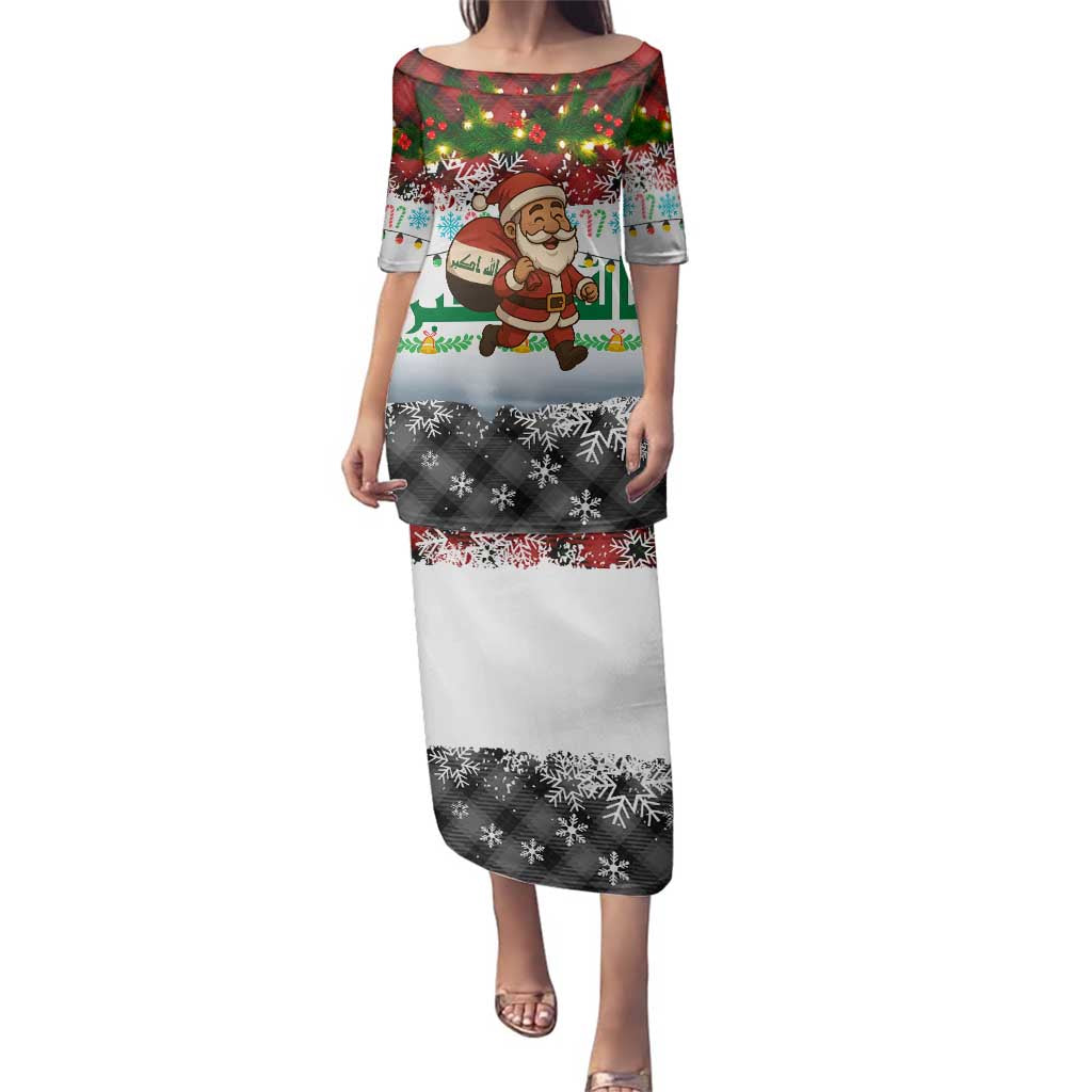 Iraq Christmas Family Matching Puletasi and Hawaiian Shirt with Santa Carrying Gift Bag Flag Garland and Snowflake Plaid Pattern - Wonder Print Shop
