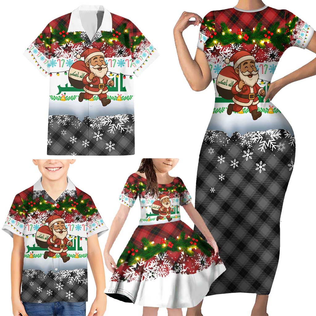 Iraq Christmas Family Matching Short Sleeve Bodycon Dress and Hawaiian Shirt with Santa Carrying Gift Bag Flag Garland and Snowflake Plaid Pattern - Wonder Print Shop