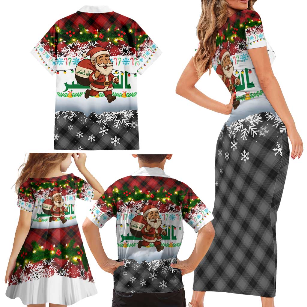 Iraq Christmas Family Matching Short Sleeve Bodycon Dress and Hawaiian Shirt with Santa Carrying Gift Bag Flag Garland and Snowflake Plaid Pattern - Wonder Print Shop