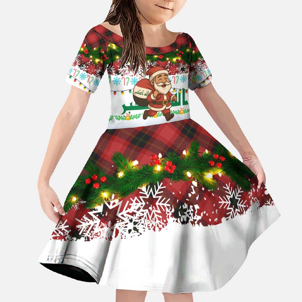 Iraq Christmas Family Matching Summer Maxi Dress and Hawaiian Shirt with Santa Carrying Gift Bag Flag Garland and Snowflake Plaid Pattern - Wonder Print Shop