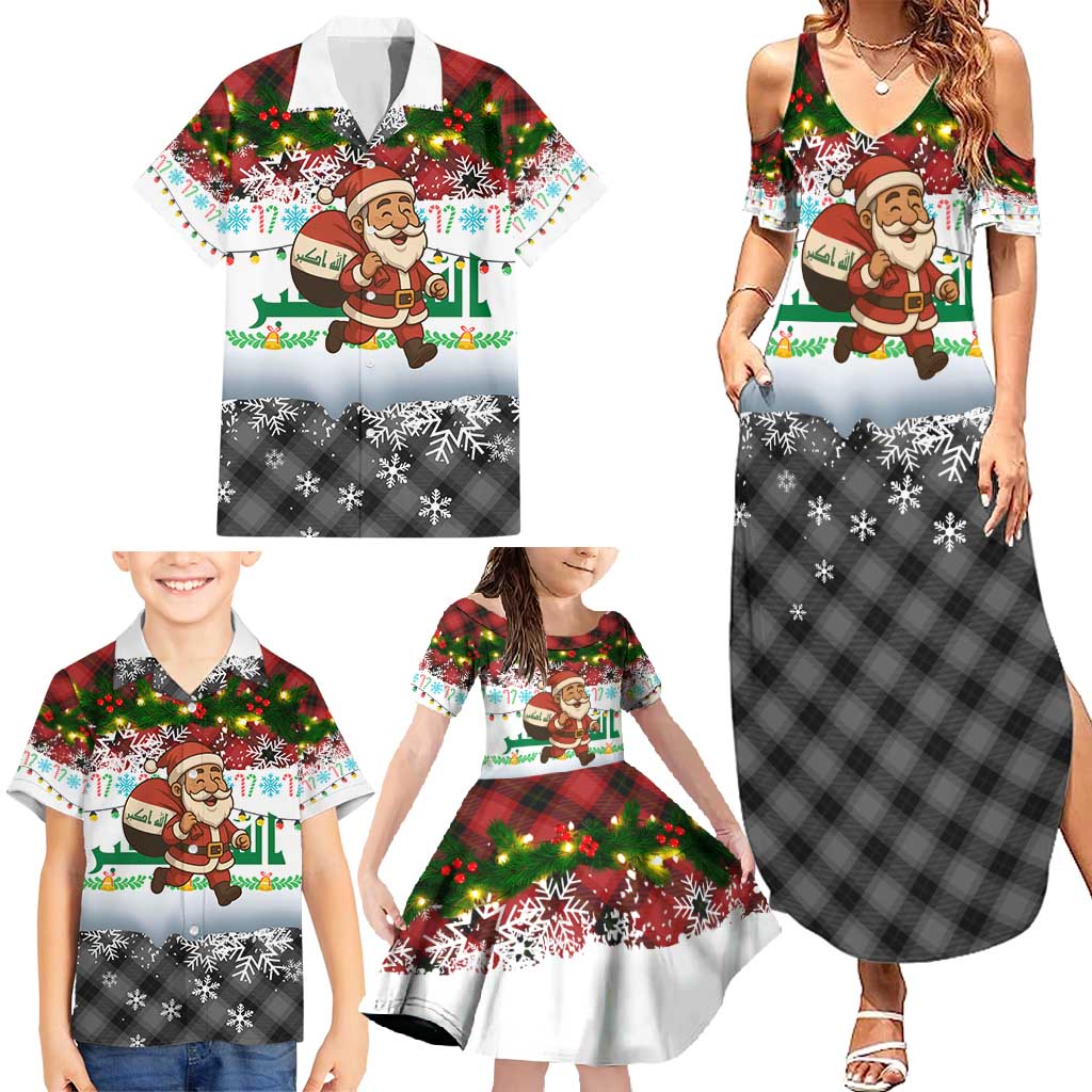 Iraq Christmas Family Matching Summer Maxi Dress and Hawaiian Shirt with Santa Carrying Gift Bag Flag Garland and Snowflake Plaid Pattern - Wonder Print Shop