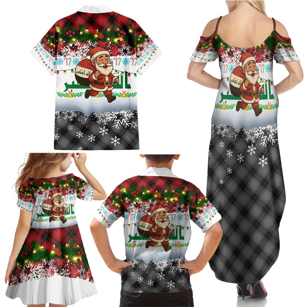 Iraq Christmas Family Matching Summer Maxi Dress and Hawaiian Shirt with Santa Carrying Gift Bag Flag Garland and Snowflake Plaid Pattern - Wonder Print Shop