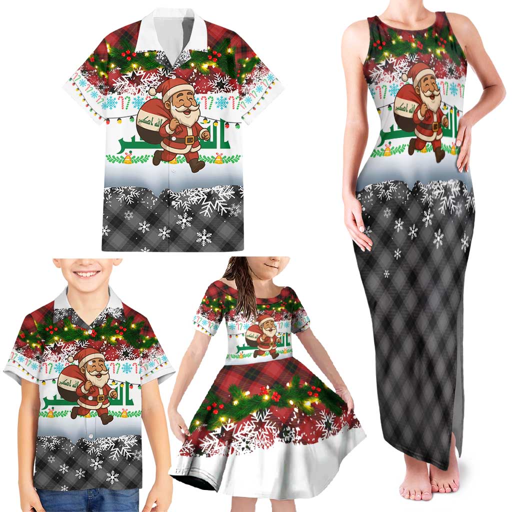 Iraq Christmas Family Matching Tank Maxi Dress and Hawaiian Shirt with Santa Carrying Gift Bag Flag Garland and Snowflake Plaid Pattern - Wonder Print Shop