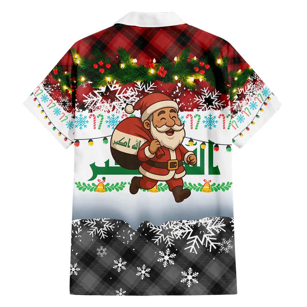 Iraq Christmas Family Matching Tank Maxi Dress and Hawaiian Shirt with Santa Carrying Gift Bag Flag Garland and Snowflake Plaid Pattern - Wonder Print Shop