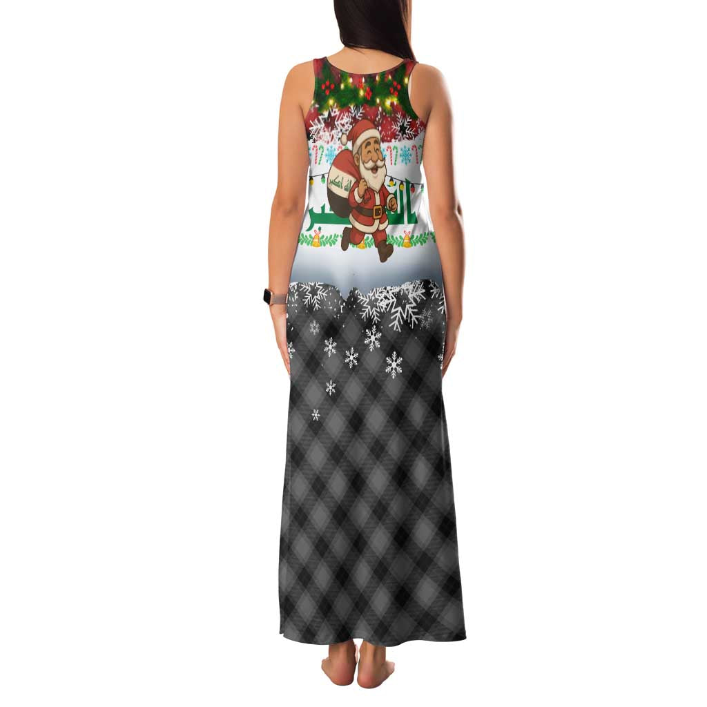 Iraq Christmas Family Matching Tank Maxi Dress and Hawaiian Shirt with Santa Carrying Gift Bag Flag Garland and Snowflake Plaid Pattern - Wonder Print Shop