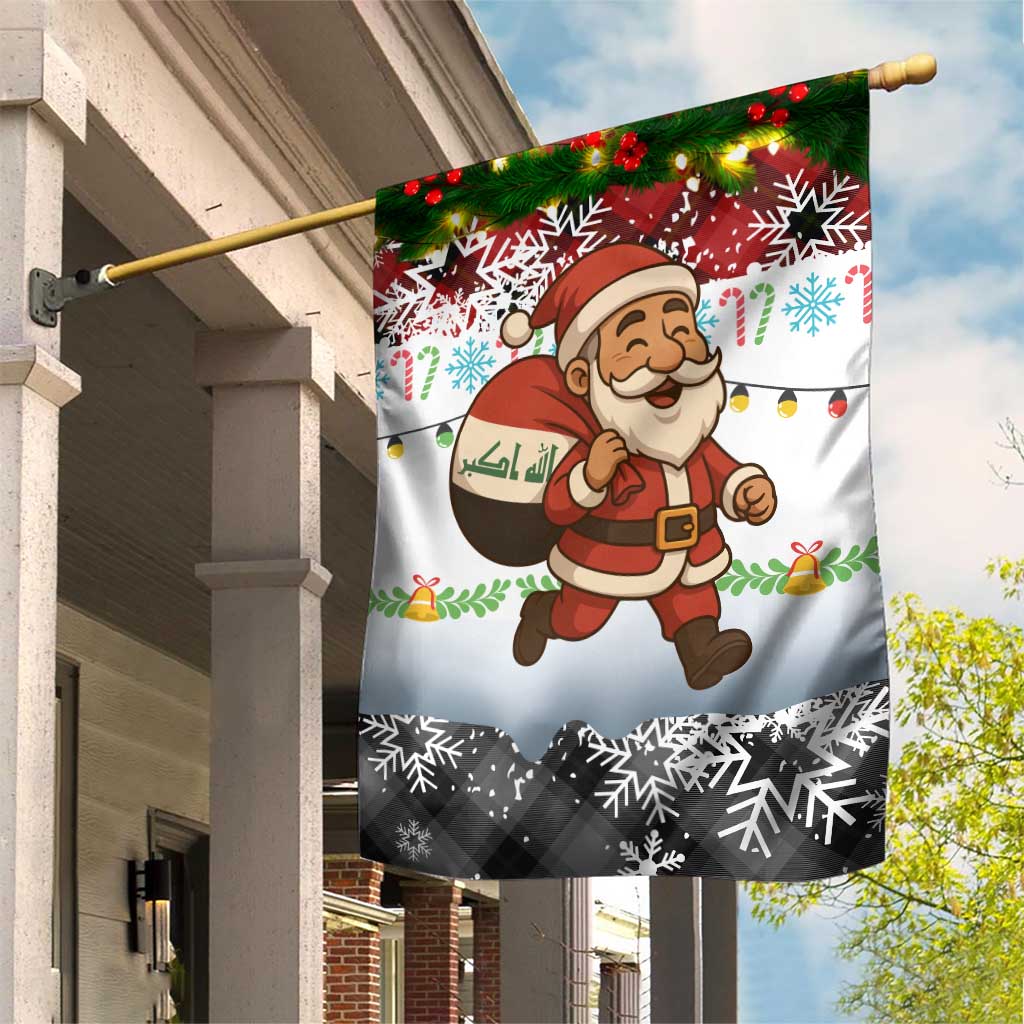 Iraq Christmas Garden Flag with Santa Carrying Gift Bag Flag Garland and Snowflake Plaid Pattern - Wonder Print Shop