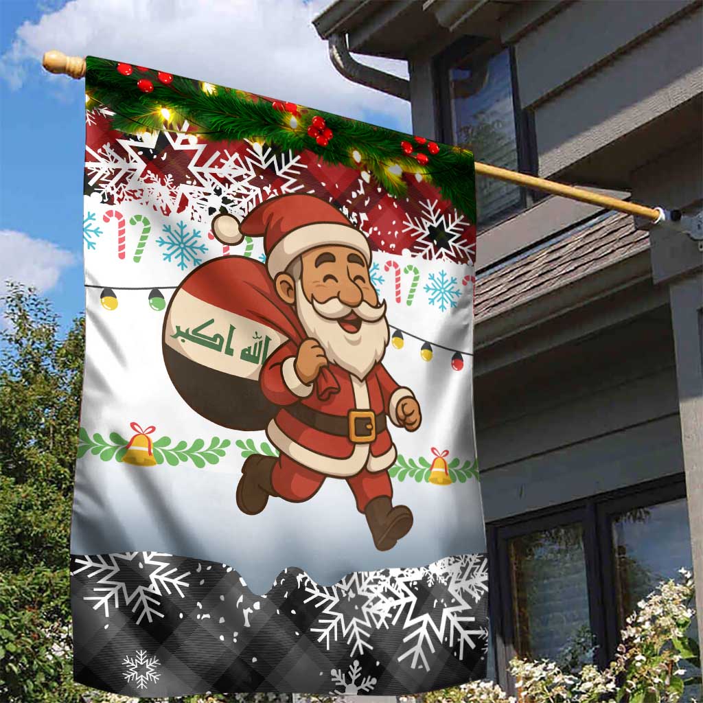 Iraq Christmas Garden Flag with Santa Carrying Gift Bag Flag Garland and Snowflake Plaid Pattern - Wonder Print Shop