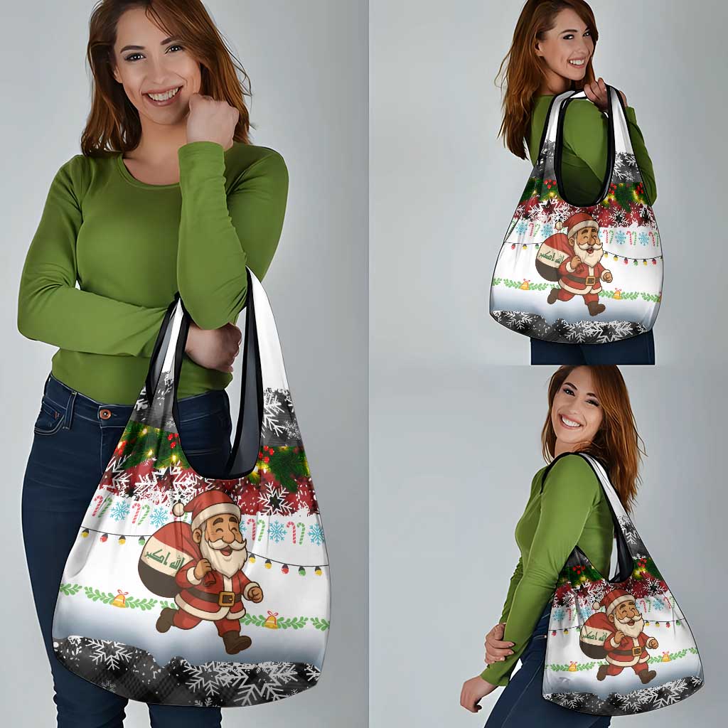 Iraq Christmas Grocery Bag with Santa Carrying Gift Bag Flag Garland and Snowflake Plaid Pattern - Wonder Print Shop