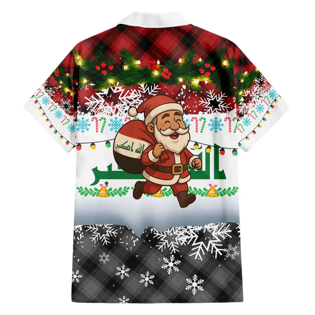 Iraq Christmas Hawaiian Shirt with Santa Carrying Gift Bag Flag Garland and Snowflake Plaid Pattern - Wonder Print Shop