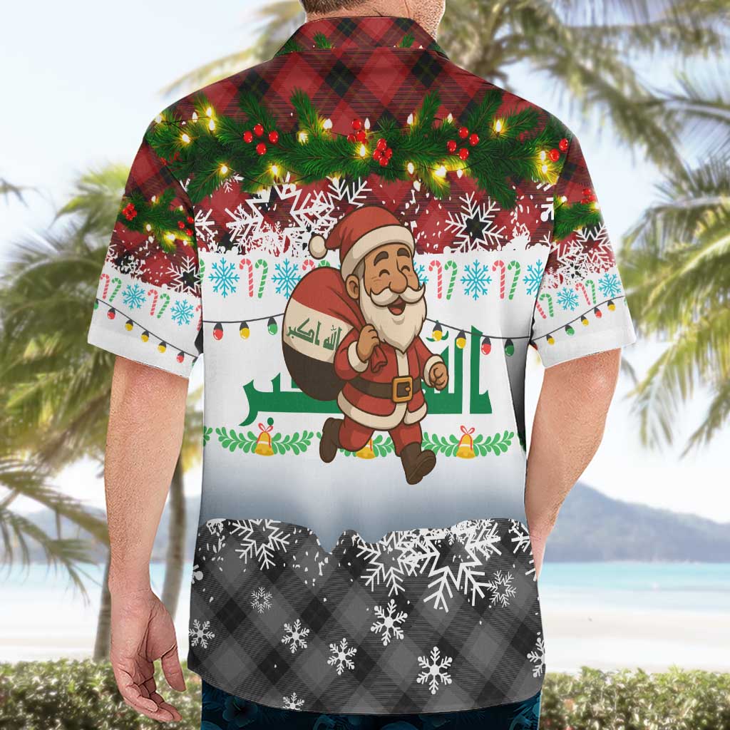 Iraq Christmas Hawaiian Shirt with Santa Carrying Gift Bag Flag Garland and Snowflake Plaid Pattern - Wonder Print Shop