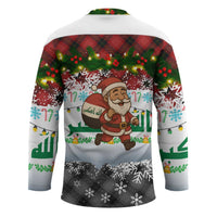 Iraq Christmas Hockey Jersey with Santa Carrying Gift Bag Flag Garland and Snowflake Plaid Pattern - Wonder Print Shop