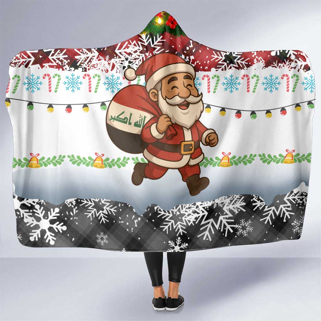 Iraq Christmas Hooded Blanket with Santa Carrying Gift Bag Flag Garland and Snowflake Plaid Pattern - Wonder Print Shop