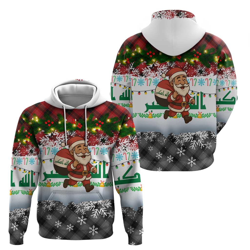 Iraq Christmas Hoodie with Santa Carrying Gift Bag Flag Garland and Snowflake Plaid Pattern - Wonder Print Shop