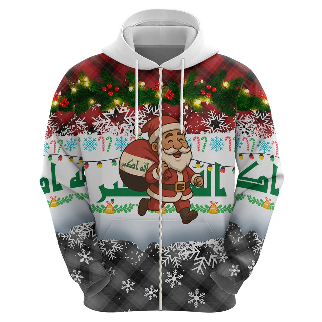 Iraq Christmas Hoodie with Santa Carrying Gift Bag Flag Garland and Snowflake Plaid Pattern - Wonder Print Shop