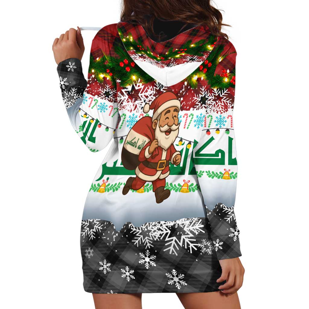 Iraq Christmas Hoodie Dress with Santa Carrying Gift Bag Flag Garland and Snowflake Plaid Pattern - Wonder Print Shop