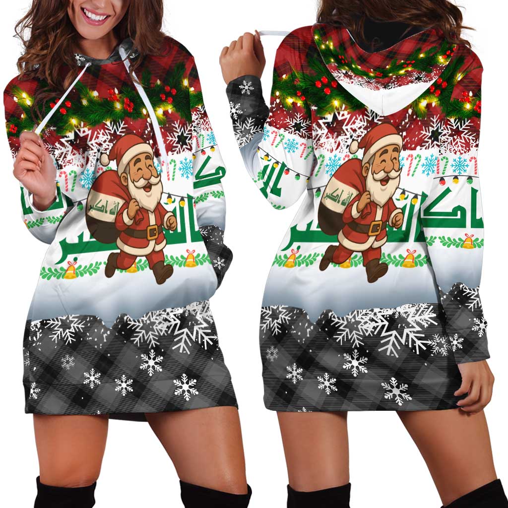 Iraq Christmas Hoodie Dress with Santa Carrying Gift Bag Flag Garland and Snowflake Plaid Pattern - Wonder Print Shop