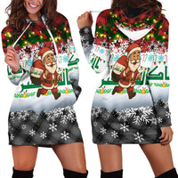 Iraq Christmas Hoodie Dress with Santa Carrying Gift Bag Flag Garland and Snowflake Plaid Pattern - Wonder Print Shop