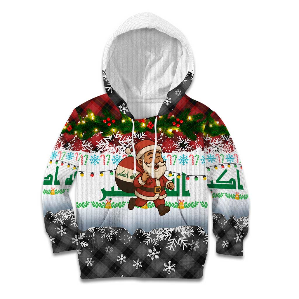 Iraq Christmas Kid Hoodie with Santa Carrying Gift Bag Flag Garland and Snowflake Plaid Pattern - Wonder Print Shop