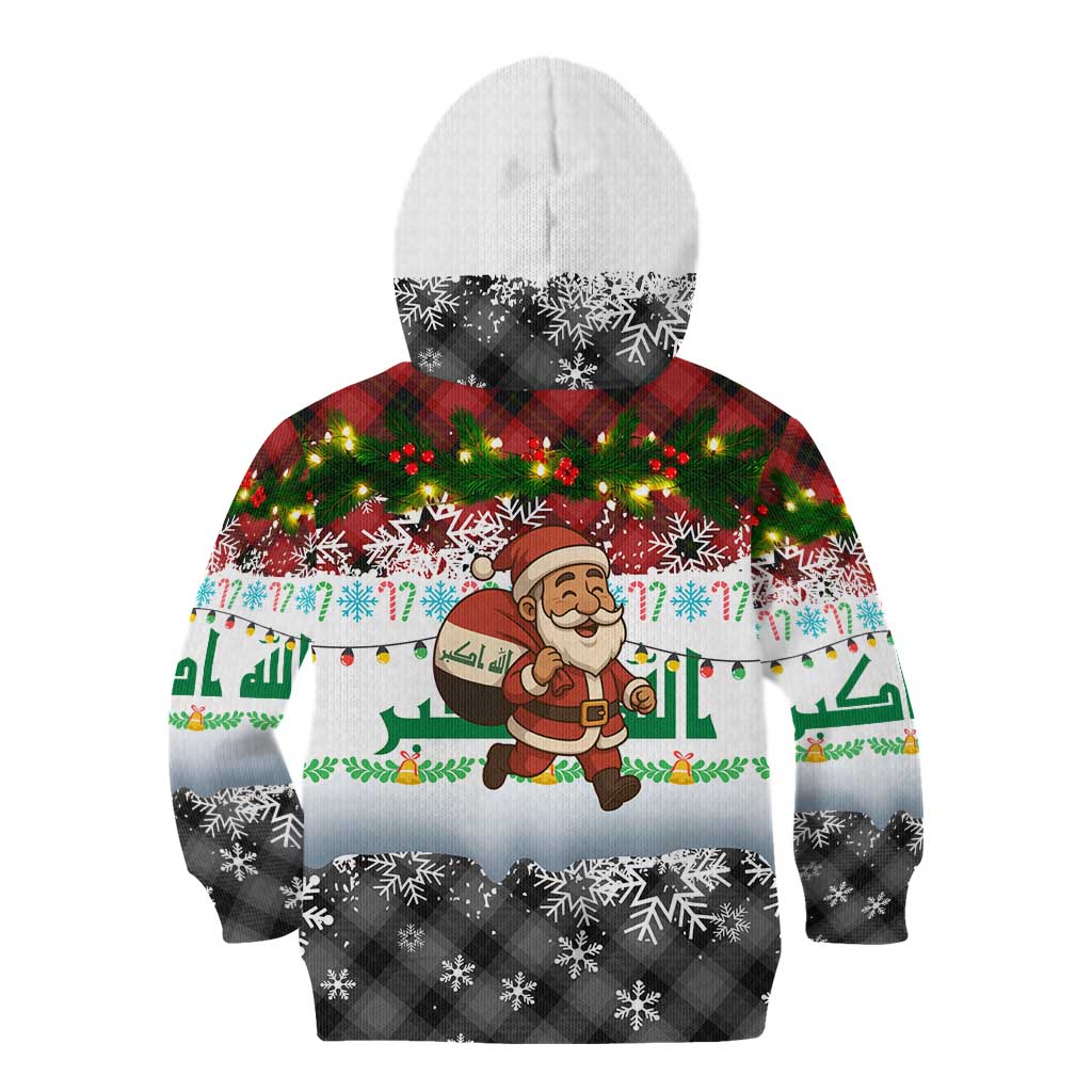Iraq Christmas Kid Hoodie with Santa Carrying Gift Bag Flag Garland and Snowflake Plaid Pattern - Wonder Print Shop