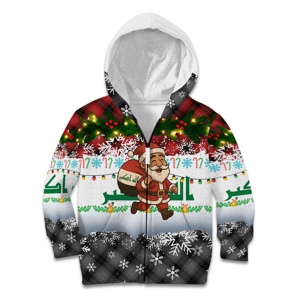Iraq Christmas Kid Hoodie with Santa Carrying Gift Bag Flag Garland and Snowflake Plaid Pattern - Wonder Print Shop