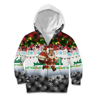 Iraq Christmas Kid Hoodie with Santa Carrying Gift Bag Flag Garland and Snowflake Plaid Pattern - Wonder Print Shop