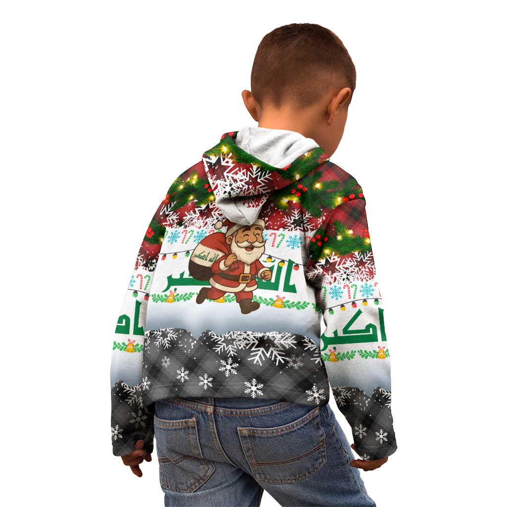 Iraq Christmas Kid Hoodie with Santa Carrying Gift Bag Flag Garland and Snowflake Plaid Pattern - Wonder Print Shop