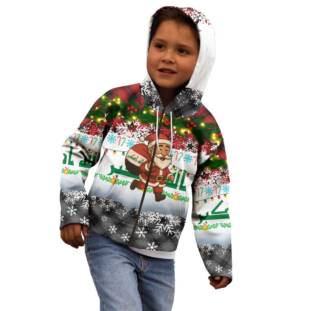 Iraq Christmas Kid Hoodie with Santa Carrying Gift Bag Flag Garland and Snowflake Plaid Pattern - Wonder Print Shop