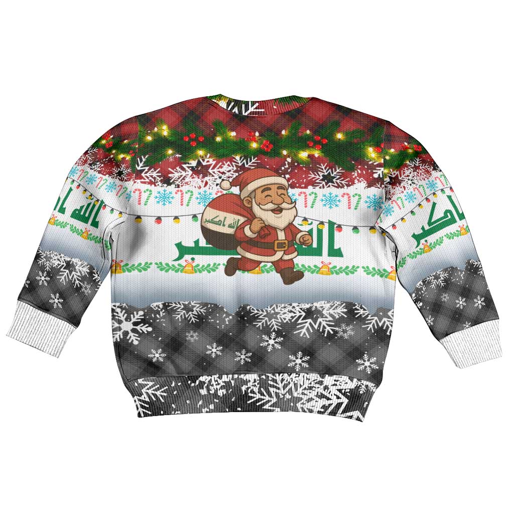 Iraq Christmas Kid Ugly Christmas Sweater with Santa Carrying Gift Bag Flag Garland and Snowflake Plaid Pattern - Wonder Print Shop