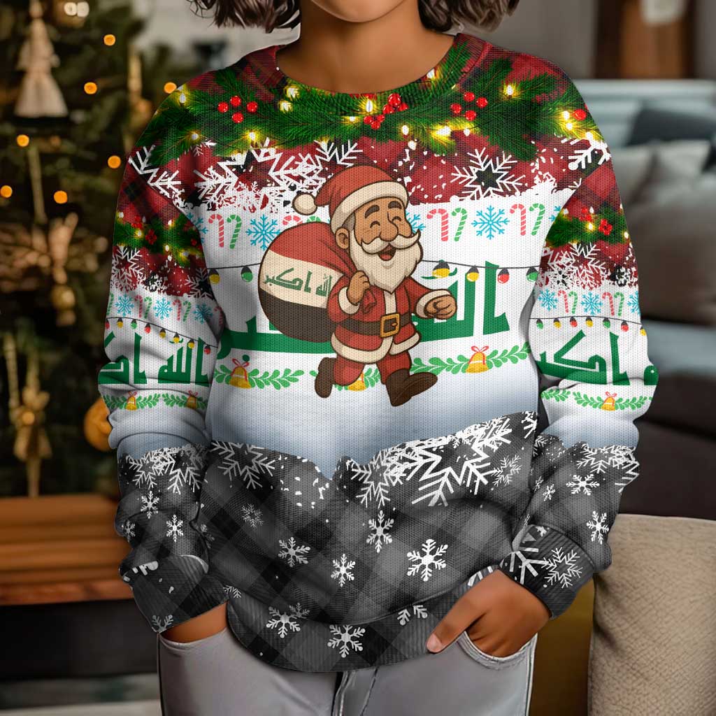 Iraq Christmas Kid Ugly Christmas Sweater with Santa Carrying Gift Bag Flag Garland and Snowflake Plaid Pattern - Wonder Print Shop