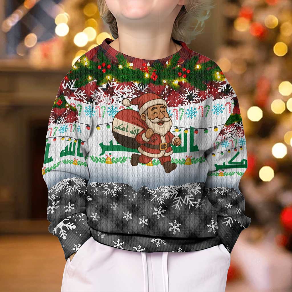 Iraq Christmas Kid Ugly Christmas Sweater with Santa Carrying Gift Bag Flag Garland and Snowflake Plaid Pattern - Wonder Print Shop