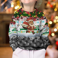 Iraq Christmas Kid Ugly Christmas Sweater with Santa Carrying Gift Bag Flag Garland and Snowflake Plaid Pattern - Wonder Print Shop